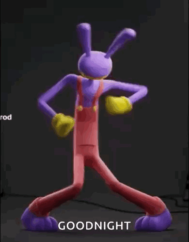 Jax from The Amazing Digital Circus dances with the caption “GOODNIGHT.”