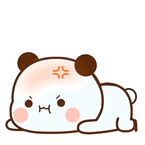 A panda-like cartoon animal lies down with an angry mark over its head.