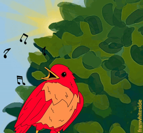 a cartoon of a red bird singing a song with the words good morning below it