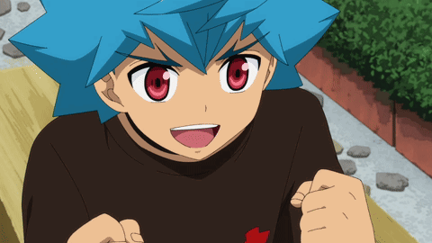 a boy with blue hair and red eyes is wearing a black shirt with a heart on it