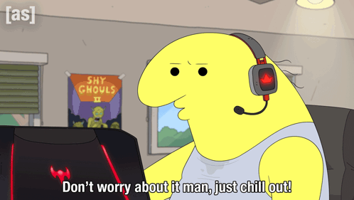 Charlie from Smiling Friends wears headphones and reassures someone with a subtitle to just chill out.