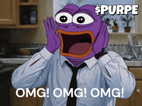A purple Pepe-style character holds its cheeks and yells “OMG! OMG! OMG!”
