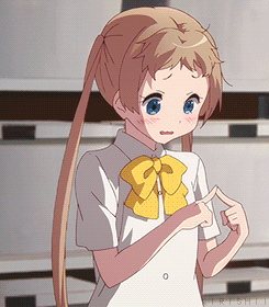 An anime schoolgirl blushes while holding a small paper or object.