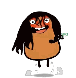 a cartoon character with long hair is jumping in the air with the word yes behind him
