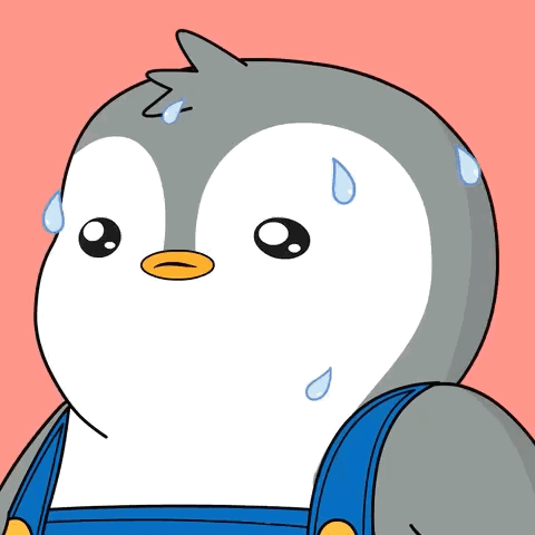 A sweating cartoon penguin looks nervously off to the side.