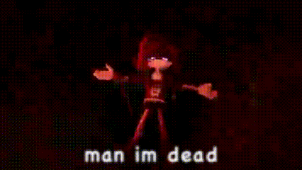 a pixel art of a man standing in front of a fire with the words man im dead written on it .