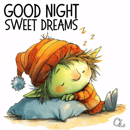 an illustration of a green elf sleeping on a pillow with the words good night sweet dreams