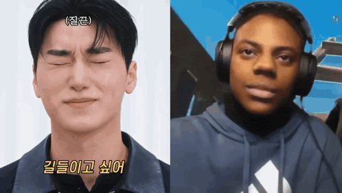 a close up of a man 's face next to another man wearing headphones