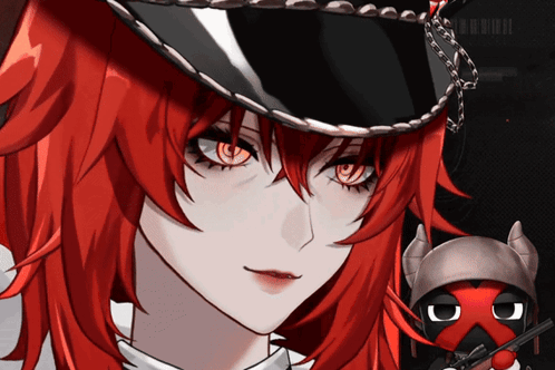 a close up of a girl with red hair wearing a black hat