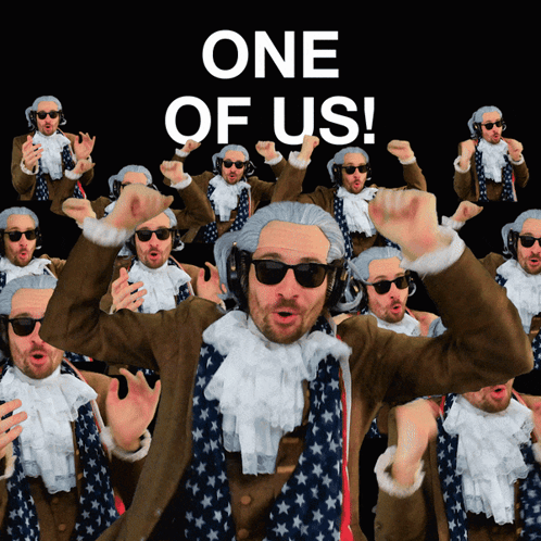 a group of men dressed as george washington are dancing in front of a black background that says one of us on it