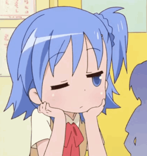 A blue-haired anime girl rests her cheek in her hand, looking hungry and tired.