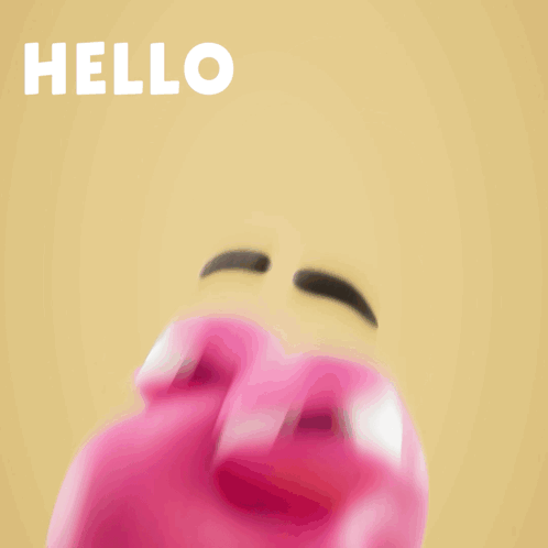 a cartoon character with big eyes and the words hello written above it
