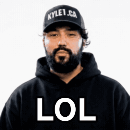 A man in a dark cap is shown on white with large “LOL” text.