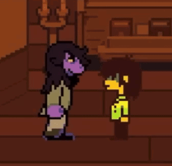 a pixel art of a person holding a yellow object in a room .