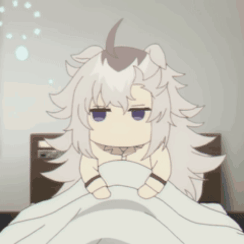 a cartoon character with white hair and blue eyes is sitting in bed