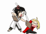 Two chibi cartoon characters argue, with one kicking the other down.