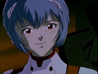a girl with blue hair and red eyes is smiling