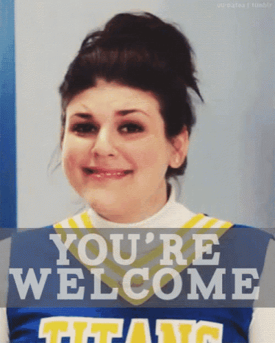 A woman smiles awkwardly as yellow subtitles say “You're welcome.”