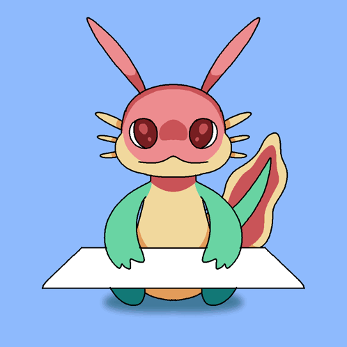 a cartoon axolotl with a please sign on its head