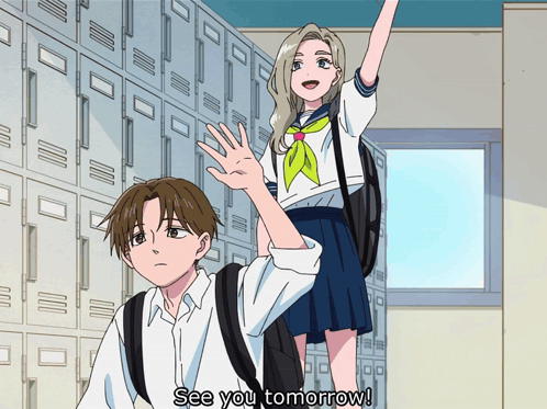 a boy and a girl are standing in front of lockers and the girl is saying see you tomorrow
