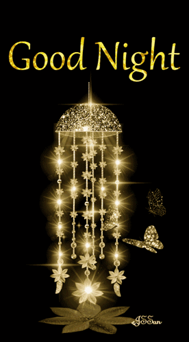 A sparkling golden wind chime hangs under the words “Good Night.”