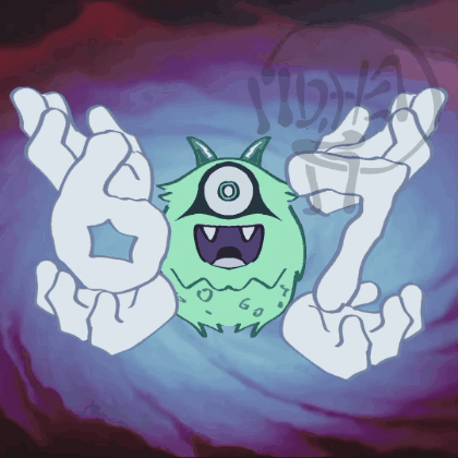 a cartoon drawing of a green monster with horns and one eye