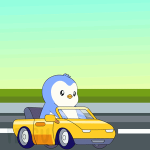 a cartoon penguin is driving a yellow car next to a sign that says hill st.