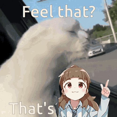 a picture of a girl pointing up with the words feel that that 's