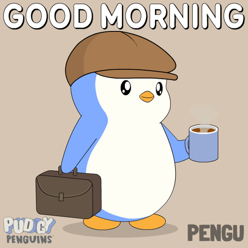 A cartoon penguin in a cap holds coffee beside “GOOD MORNING.”