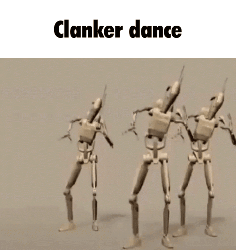 a group of robots are dancing together with the words clanker dance written on the bottom .
