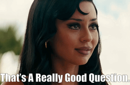 a woman says " that 's a really good question " in front of a white background