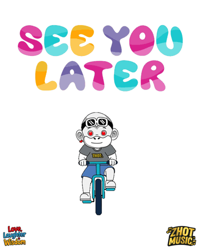 Colorful bubble letters read “SEE YOU LATER” above a small cyclist.