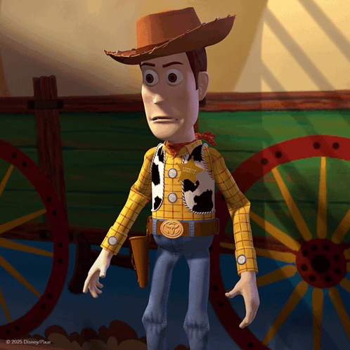 woody from toy story standing in front of a wagon wheel