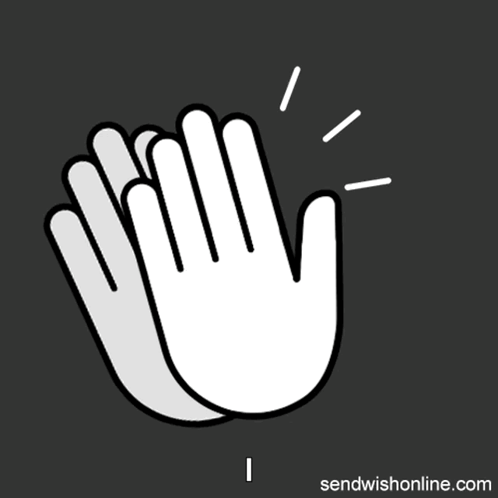 White illustrated hands clap on a dark background.