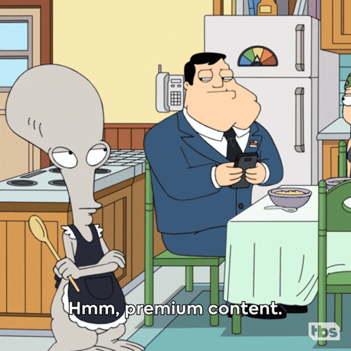 a cartoon of a man sitting at a table with the words hmm premium content written below him