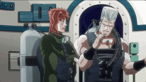 two anime characters are standing next to each other
