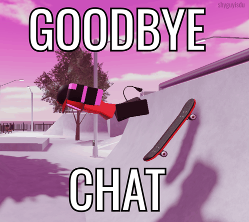 a poster that says goodbye chat and a skateboard