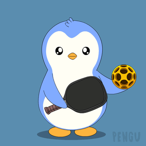 a penguin is holding a paddle and a ball with the word pengu on the bottom right
