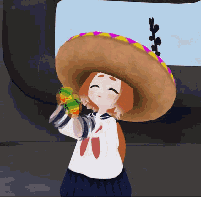 a cartoon girl wearing a sombrero holds a colorful object in her hand
