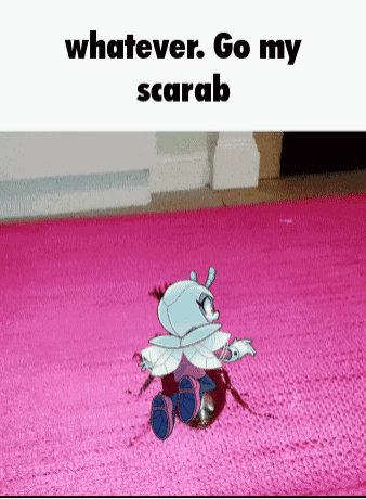 a cartoon character is laying on a pink rug with the words " whatever go my scarab "