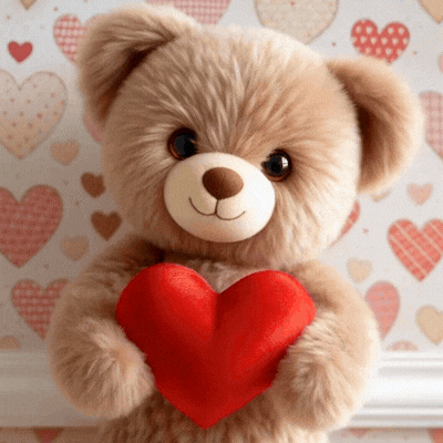 A plush teddy bear holds a large red heart.