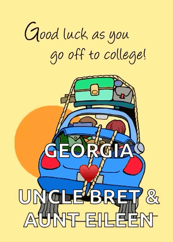 Illustrated car packed for college says “Good luck as you go off to college!”