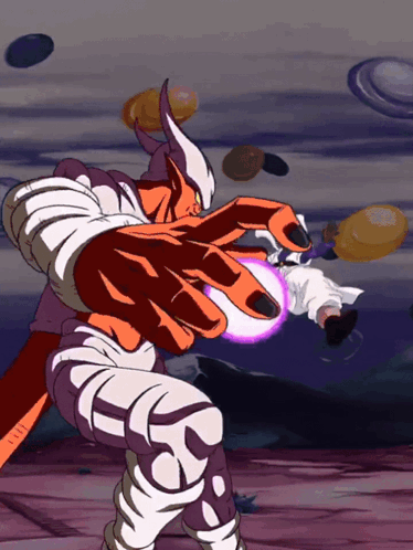 a cartoon character is holding a purple ball in his hand