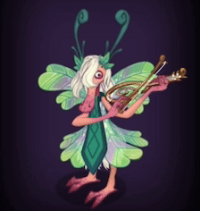a cartoon fairy is playing a violin on a purple background