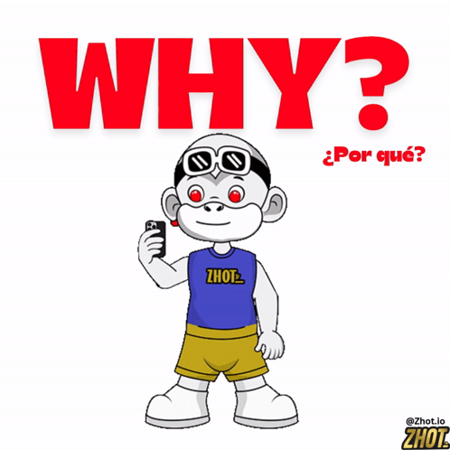 a cartoon character holding a cell phone with the words why written above him