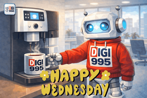 a robot holding a cup of coffee with the words happy wednesday below it