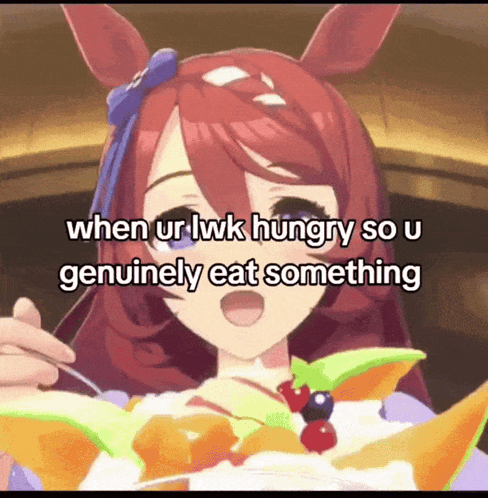 a cartoon of a girl eating a cake with the caption when ur lwk hungry