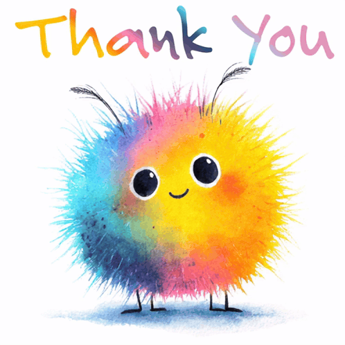 A fluffy rainbow-colored creature stands beneath handwritten “Thank You.”