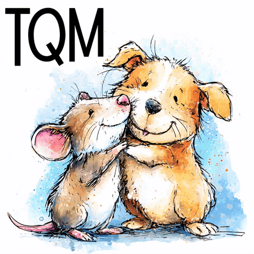 a drawing of a dog and a mouse with the word tqm in the upper right corner
