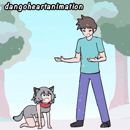 a cartoon of a man standing next to a wolf with the words dangoheartanimation written on the bottom